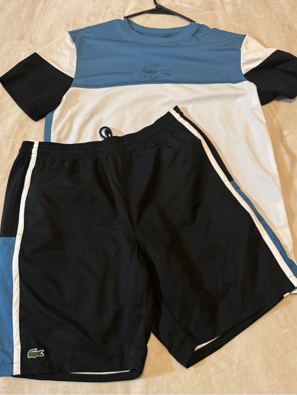 Lacoste Black Athletic Shorts with Blue & White Side Stripes